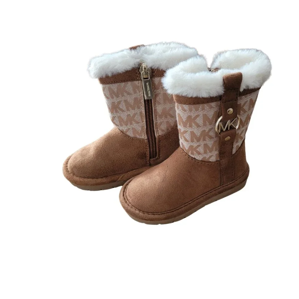 Michael Kors Yancy Girl Toddler boots featuring a brown logo print and faux fur